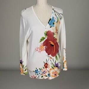Finity Studio Womens White Floral Sequin Button Front Cardigan Sweater Medium
